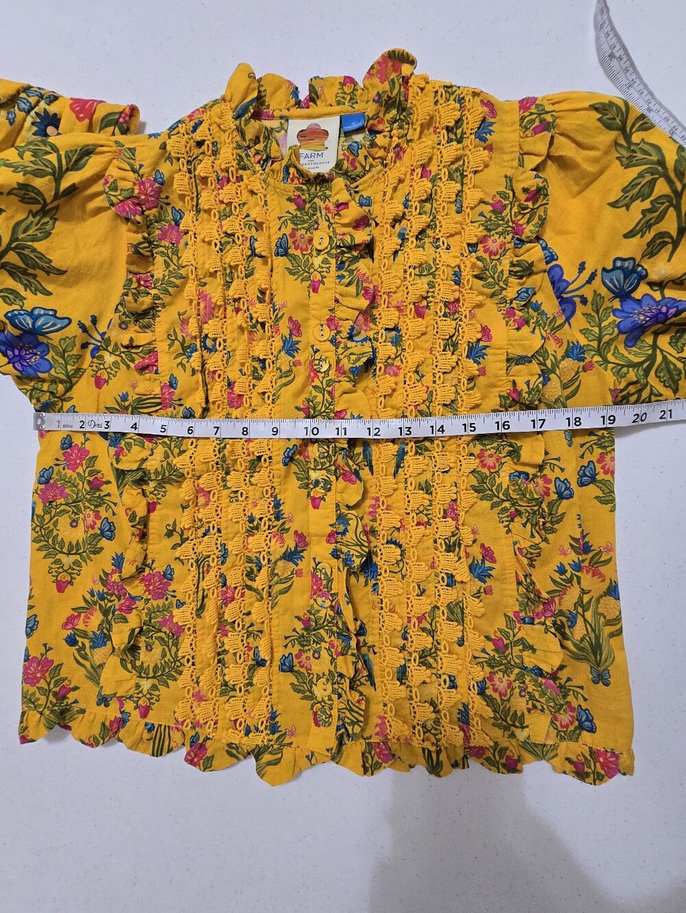 Farm Rio Anthropologie Puff- Sleeve Ruched Blouse Yellow Floral LS Button Up Med - Picture 5 of 10